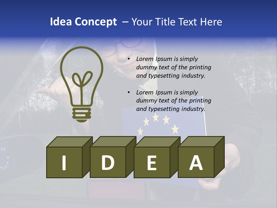 A Man Holding A Blue Box With A European Flag On It PowerPoint Template