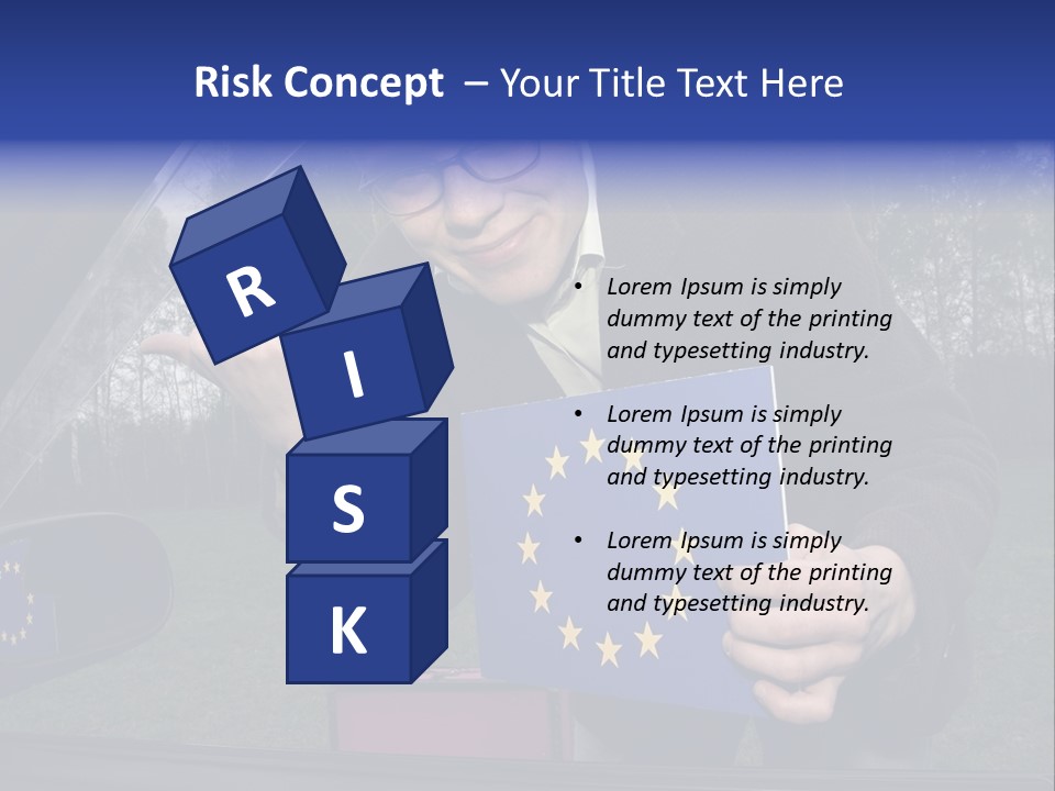 A Man Holding A Blue Box With A European Flag On It PowerPoint Template