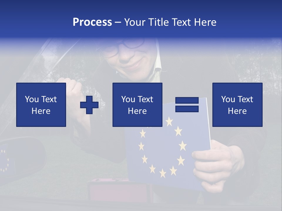A Man Holding A Blue Box With A European Flag On It PowerPoint Template
