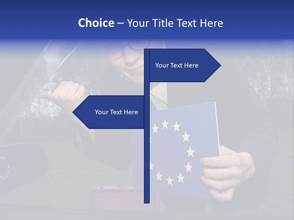 A Man Holding A Blue Box With A European Flag On It PowerPoint Template
