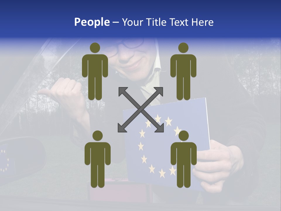A Man Holding A Blue Box With A European Flag On It PowerPoint Template