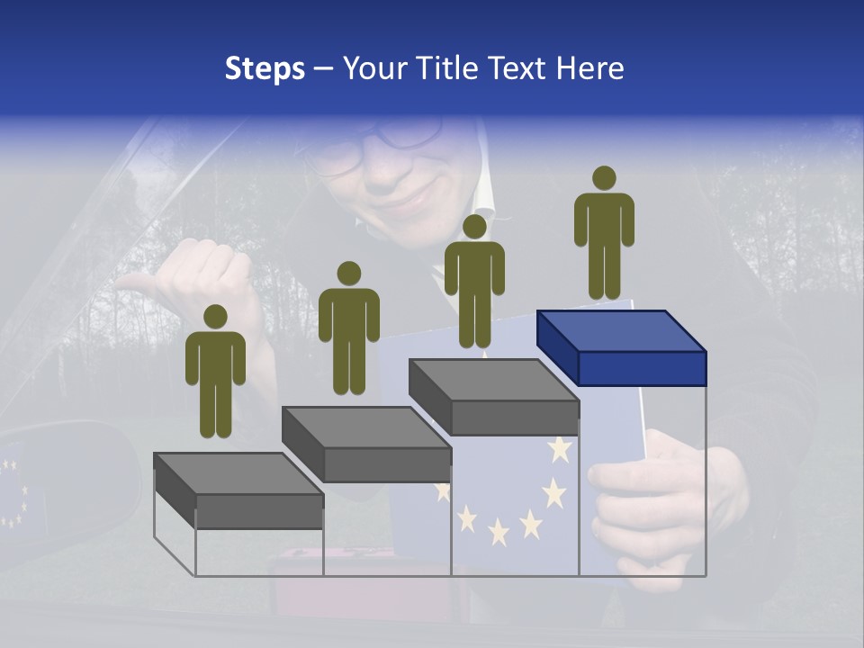 A Man Holding A Blue Box With A European Flag On It PowerPoint Template