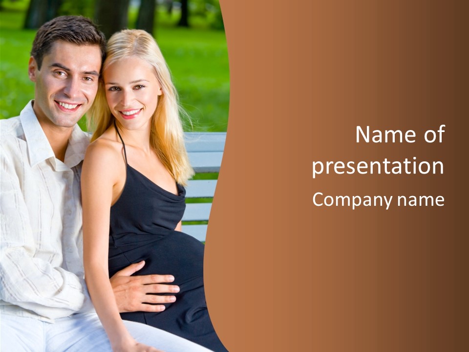 Happy Beautiful Pregnant Woman And Her Husband, Outdoors PowerPoint Template