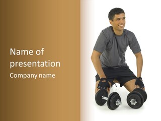 Young Man Preparing To Exercise With Dumbbells. Isolated On White Background, Front View. PowerPoint Template