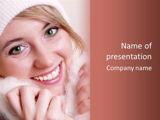 Closeup Of Young Beautiful Girl, Wearing Wool Winter Hat And Scarf PowerPoint Template