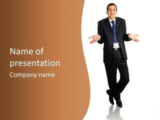 Young Businessman Shrugging Both Shoulders, In Gesture Of Doubtfulness And Confusion, Isolated On White. PowerPoint Template