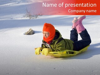 Young Bundled Up Girl Sleds On Frozen Lake PowerPoint Template
