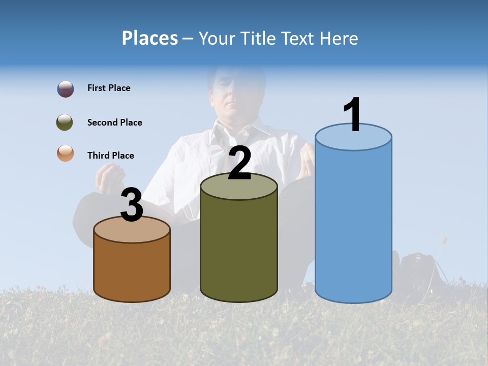 Businessman Wearing White Shirt And Tie Meditating On Grass With His Shoes Off Over Clear Blue Sky PowerPoint Template