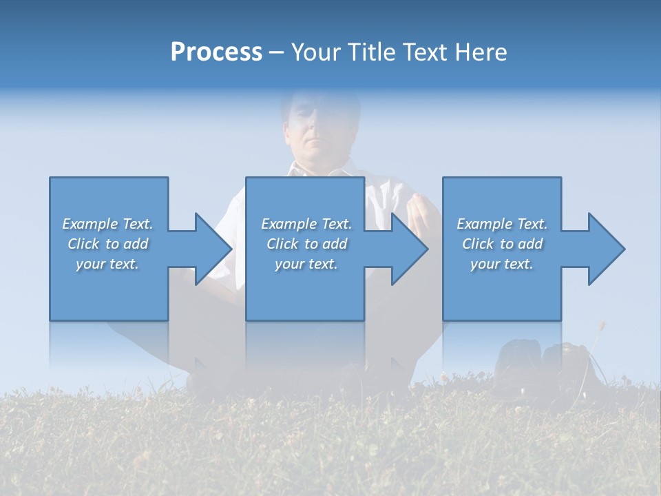 Businessman Wearing White Shirt And Tie Meditating On Grass With His Shoes Off Over Clear Blue Sky PowerPoint Template