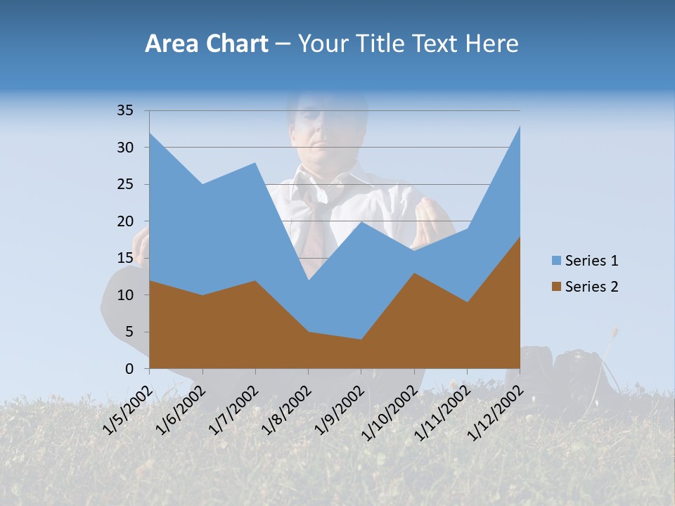 Businessman Wearing White Shirt And Tie Meditating On Grass With His Shoes Off Over Clear Blue Sky PowerPoint Template