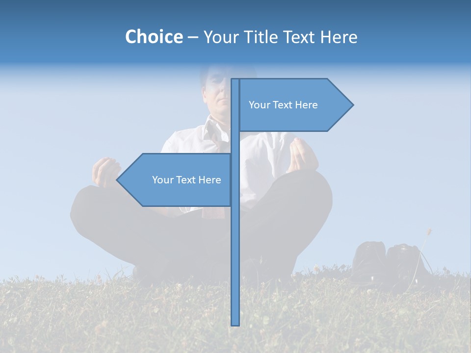 Businessman Wearing White Shirt And Tie Meditating On Grass With His Shoes Off Over Clear Blue Sky PowerPoint Template