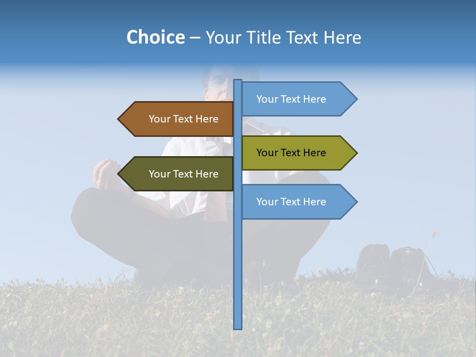 Businessman Wearing White Shirt And Tie Meditating On Grass With His Shoes Off Over Clear Blue Sky PowerPoint Template