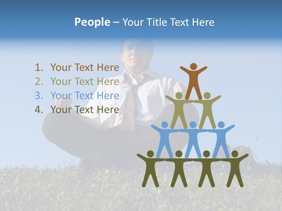 Businessman Wearing White Shirt And Tie Meditating On Grass With His Shoes Off Over Clear Blue Sky PowerPoint Template
