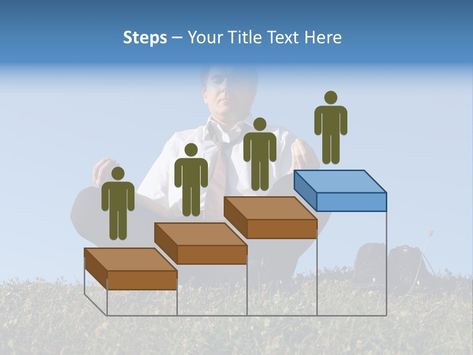 Businessman Wearing White Shirt And Tie Meditating On Grass With His Shoes Off Over Clear Blue Sky PowerPoint Template