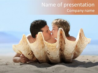 Romantic Couple On The Beach Kissing Behind The Seashell PowerPoint Template