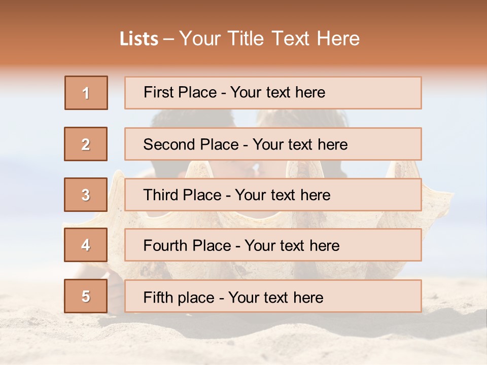 Romantic Couple On The Beach Kissing Behind The Seashell PowerPoint Template