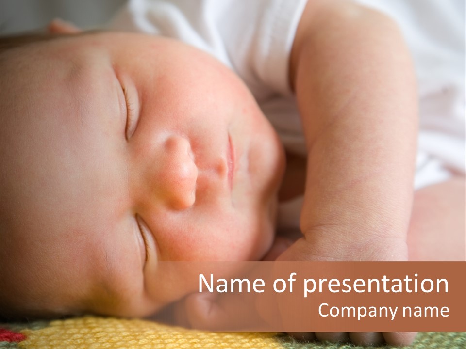 A Newborn Baby Sleeps Peacefully On His Side. PowerPoint Template