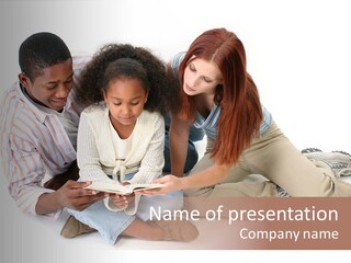 Family Of Three Reading Child's Bible Together. Caucasian Mother And African American Father With Daughter. PowerPoint Template