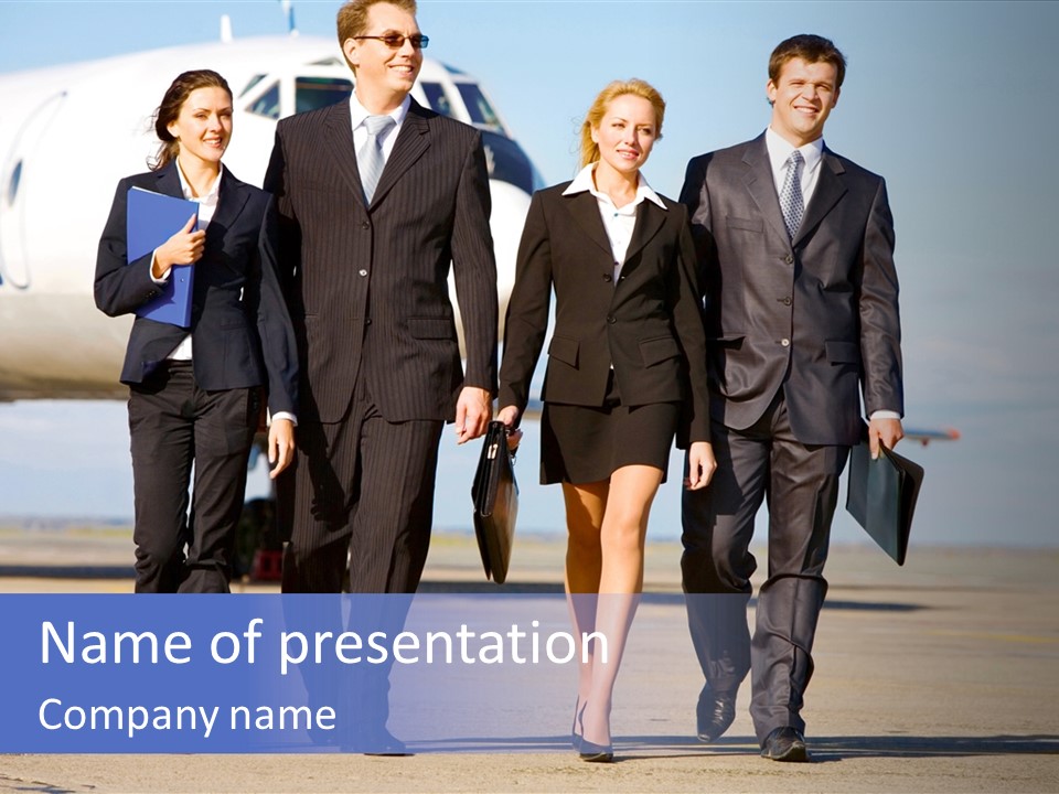 Group Of Successful People Walking On The Background Of The Airplane PowerPoint Template