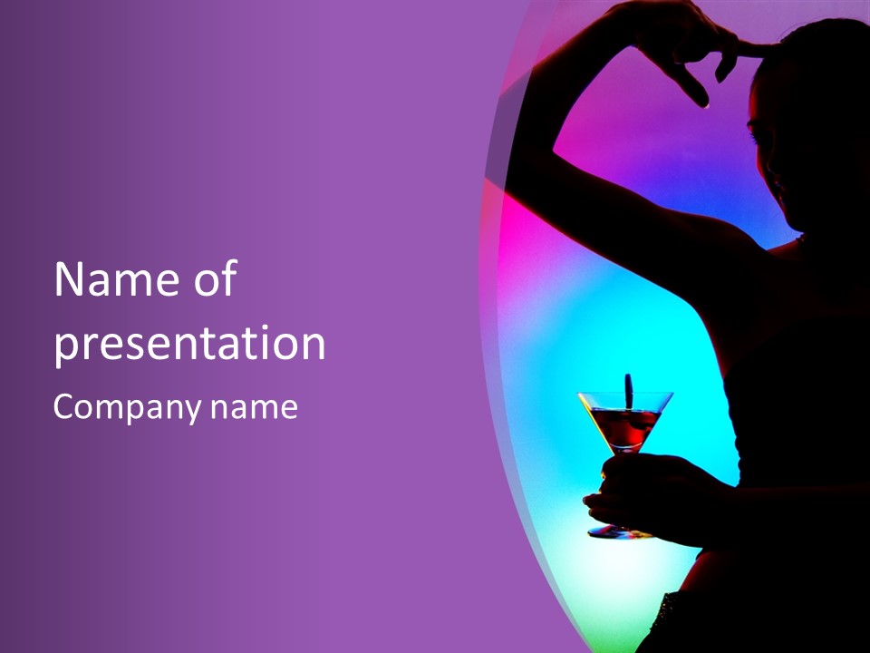 Silhouette Of Dancing Girl With Martini Glass On Colorful Back. Image May Contain Slight Multicolor Aberration As A Part Of Design PowerPoint Template