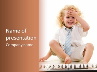 Adorable Little Three Year Old Boy With Long Curly Blond Hair Wearing White Shirt And Tie Sitting In Front Of A Piano Keyboard With Hand On Forehead PowerPoint Template