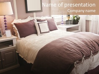A Bedroom With A Bed, Nightstands And A Mirror PowerPoint Template
