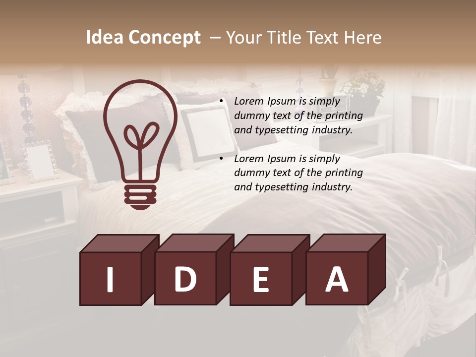 A Bedroom With A Bed, Nightstands And A Mirror PowerPoint Template