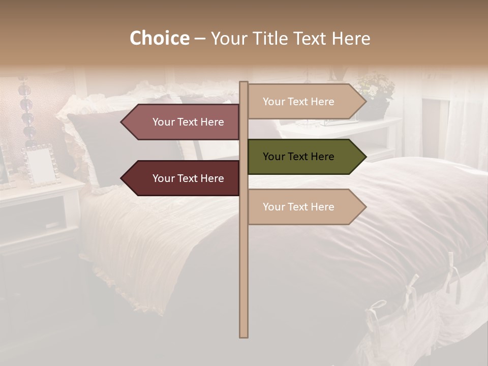 A Bedroom With A Bed, Nightstands And A Mirror PowerPoint Template