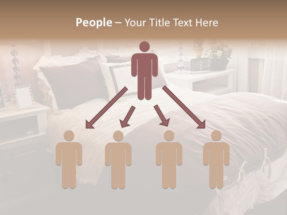 A Bedroom With A Bed, Nightstands And A Mirror PowerPoint Template