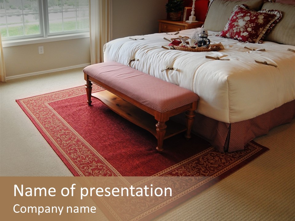 Traditional Woven Rug In Beautiful Bedroom PowerPoint Template