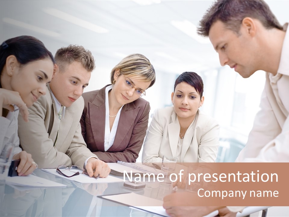 Businessman Leaning On Desk, Explaining To Four Colleagues Sitting. PowerPoint Template