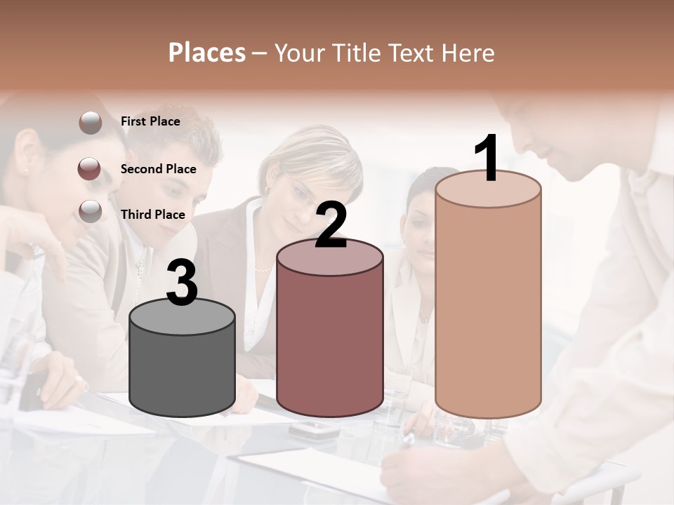 Businessman Leaning On Desk, Explaining To Four Colleagues Sitting. PowerPoint Template