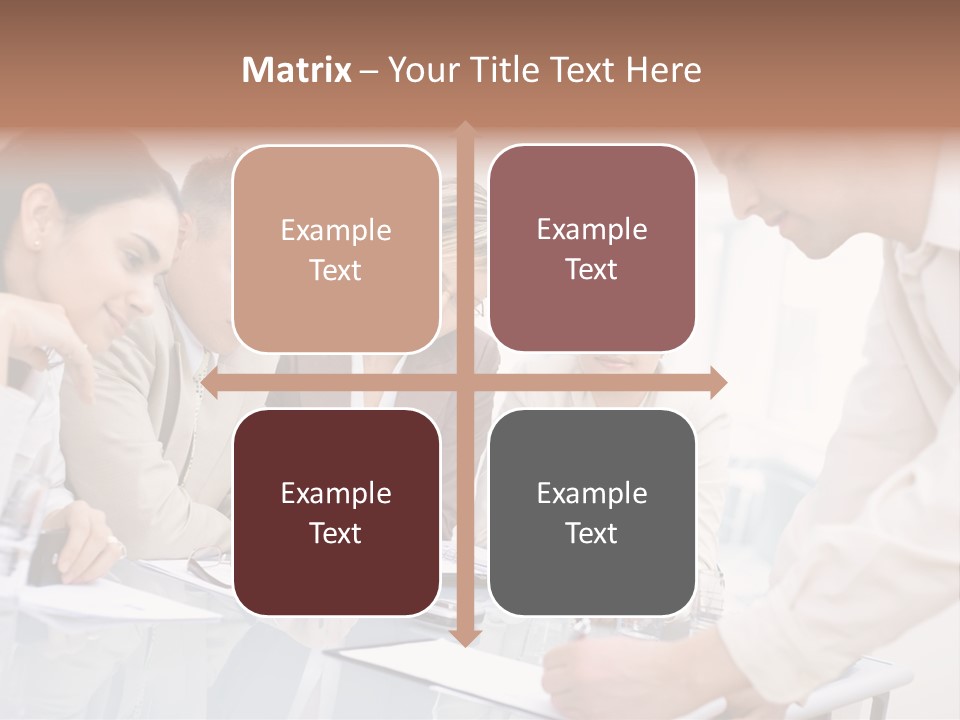 Businessman Leaning On Desk, Explaining To Four Colleagues Sitting. PowerPoint Template