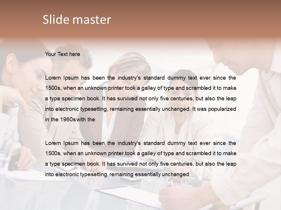 Businessman Leaning On Desk, Explaining To Four Colleagues Sitting. PowerPoint Template