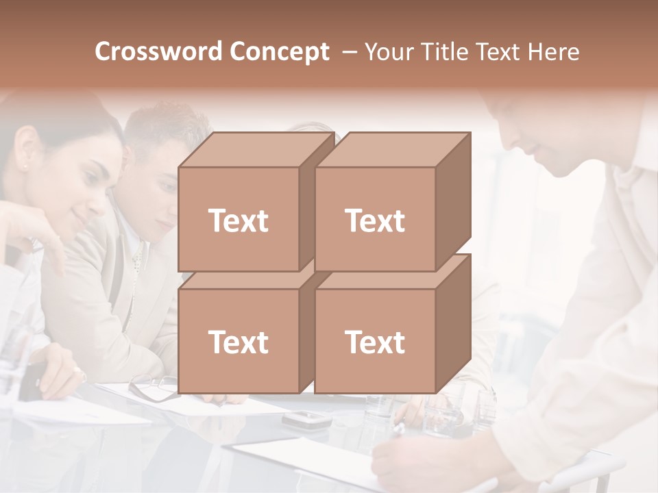 Businessman Leaning On Desk, Explaining To Four Colleagues Sitting. PowerPoint Template