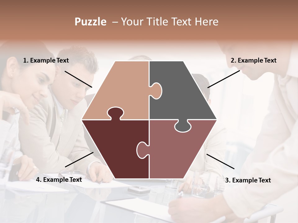 Businessman Leaning On Desk, Explaining To Four Colleagues Sitting. PowerPoint Template
