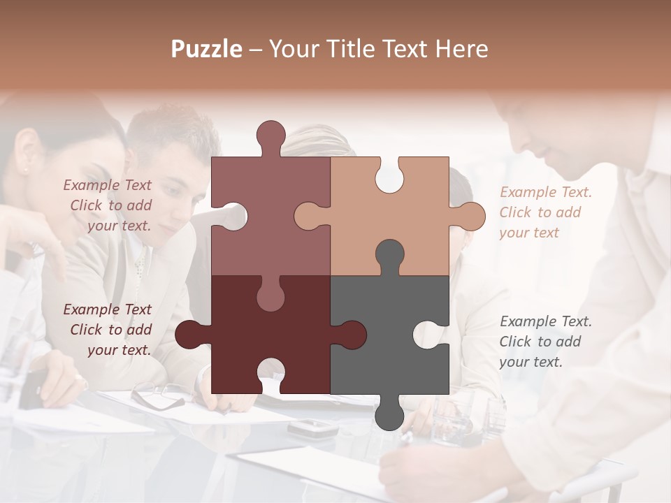 Businessman Leaning On Desk, Explaining To Four Colleagues Sitting. PowerPoint Template