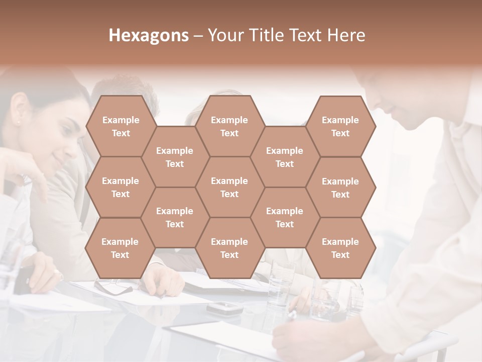 Businessman Leaning On Desk, Explaining To Four Colleagues Sitting. PowerPoint Template