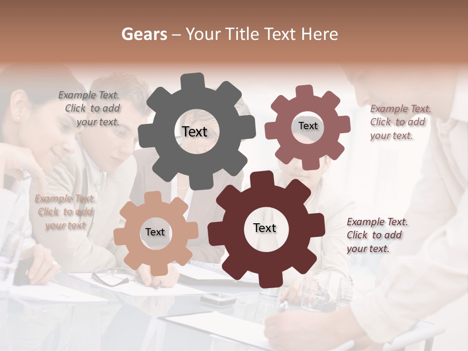 Businessman Leaning On Desk, Explaining To Four Colleagues Sitting. PowerPoint Template