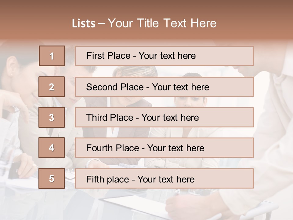 Businessman Leaning On Desk, Explaining To Four Colleagues Sitting. PowerPoint Template