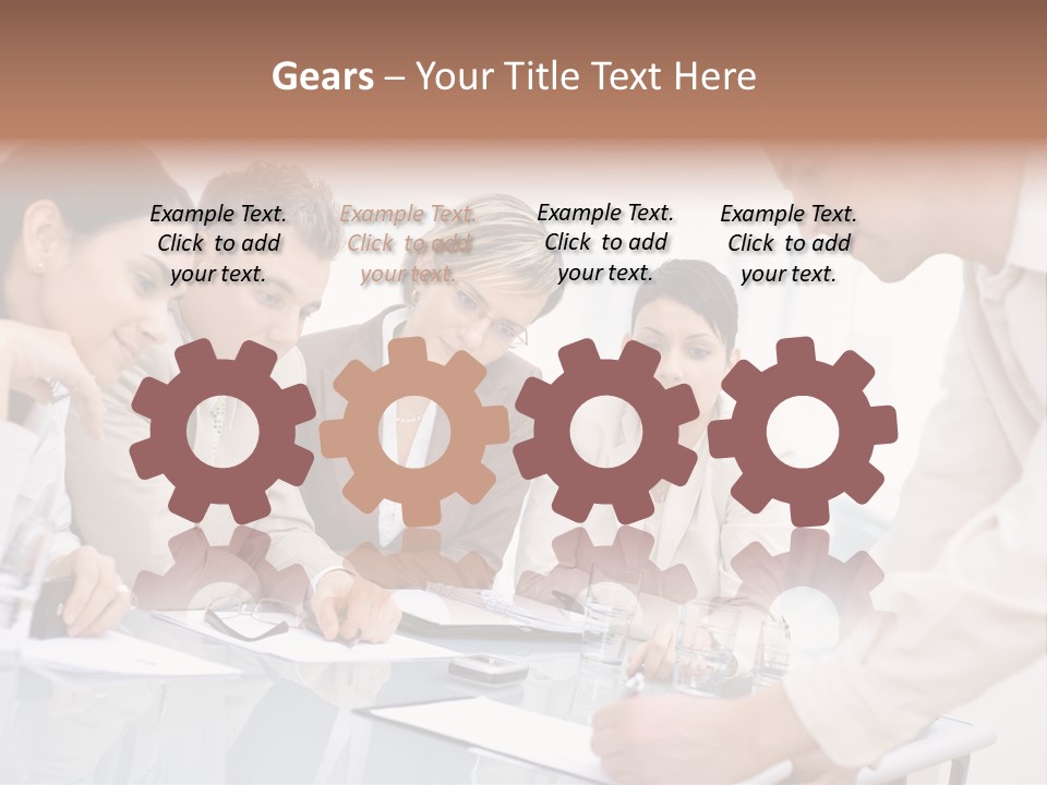 Businessman Leaning On Desk, Explaining To Four Colleagues Sitting. PowerPoint Template