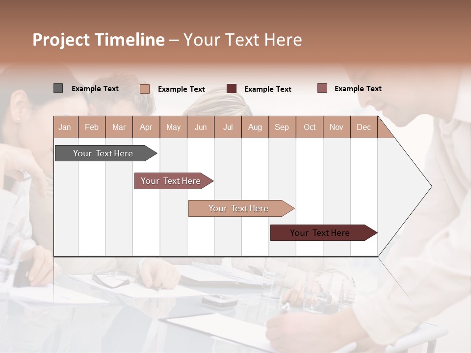 Businessman Leaning On Desk, Explaining To Four Colleagues Sitting. PowerPoint Template