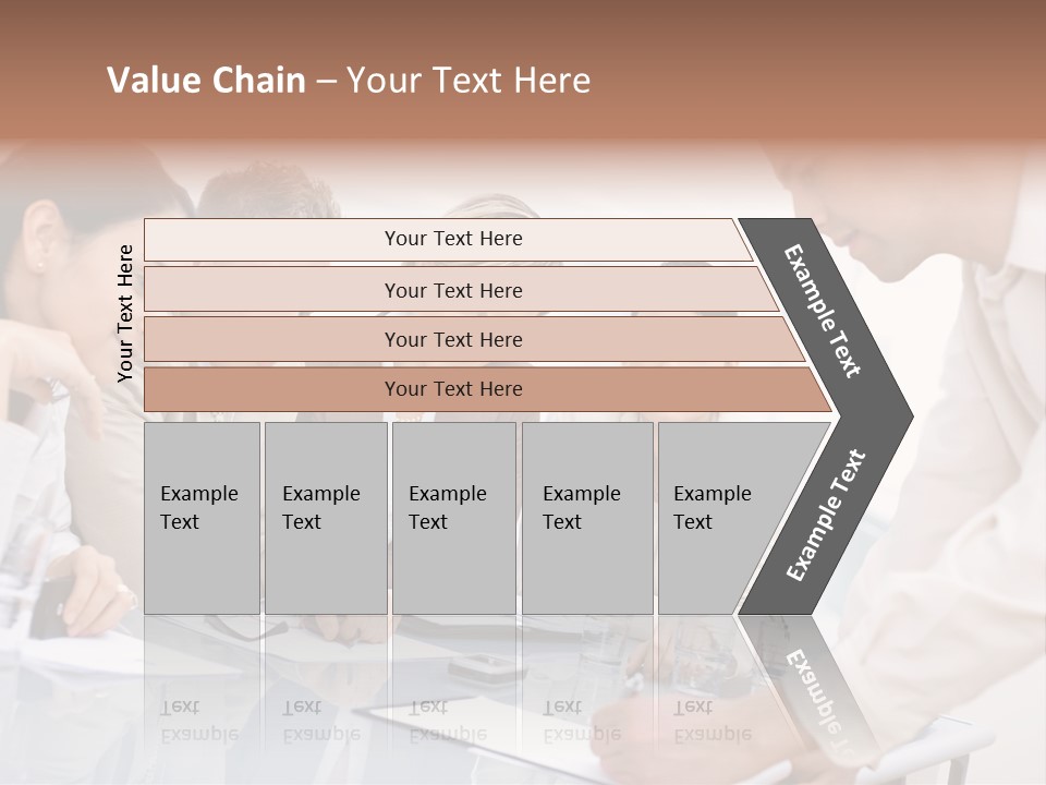 Businessman Leaning On Desk, Explaining To Four Colleagues Sitting. PowerPoint Template