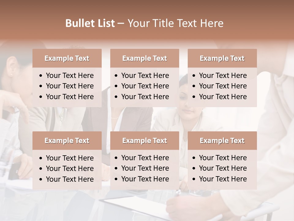 Businessman Leaning On Desk, Explaining To Four Colleagues Sitting. PowerPoint Template