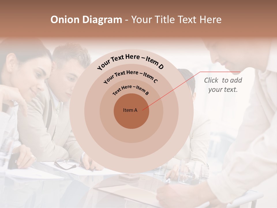 Businessman Leaning On Desk, Explaining To Four Colleagues Sitting. PowerPoint Template