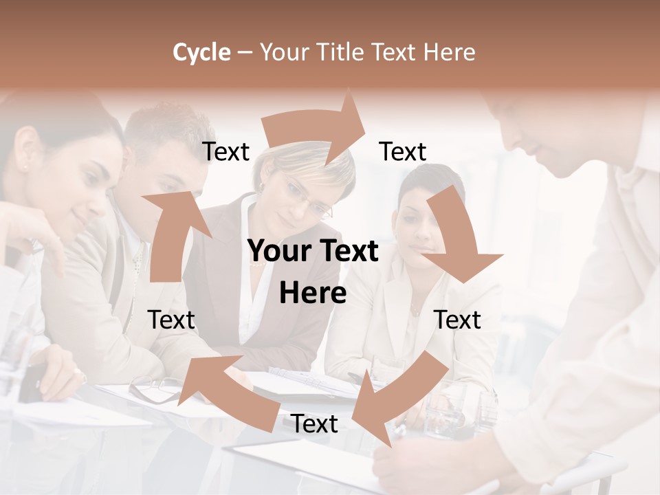 Businessman Leaning On Desk, Explaining To Four Colleagues Sitting. PowerPoint Template