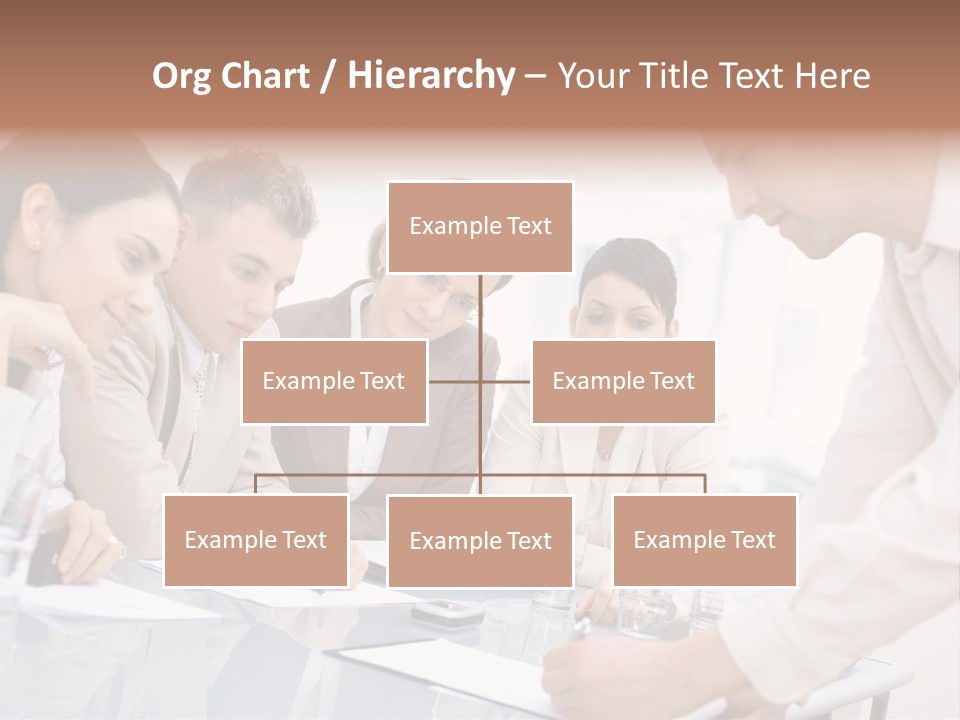 Businessman Leaning On Desk, Explaining To Four Colleagues Sitting. PowerPoint Template
