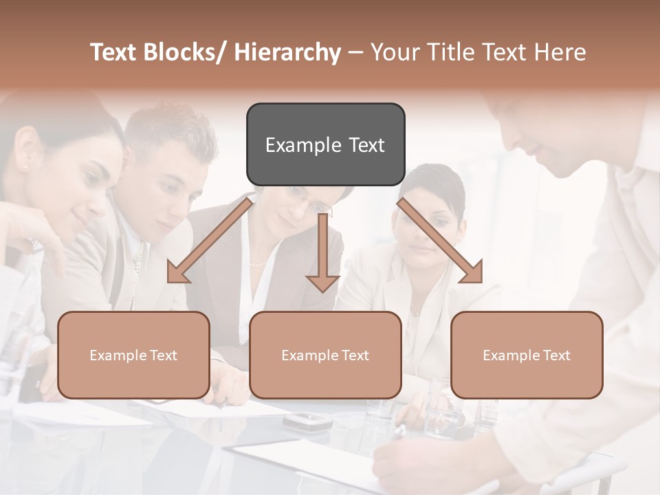 Businessman Leaning On Desk, Explaining To Four Colleagues Sitting. PowerPoint Template