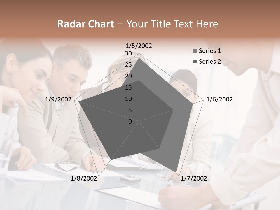 Businessman Leaning On Desk, Explaining To Four Colleagues Sitting. PowerPoint Template