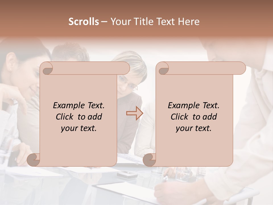 Businessman Leaning On Desk, Explaining To Four Colleagues Sitting. PowerPoint Template